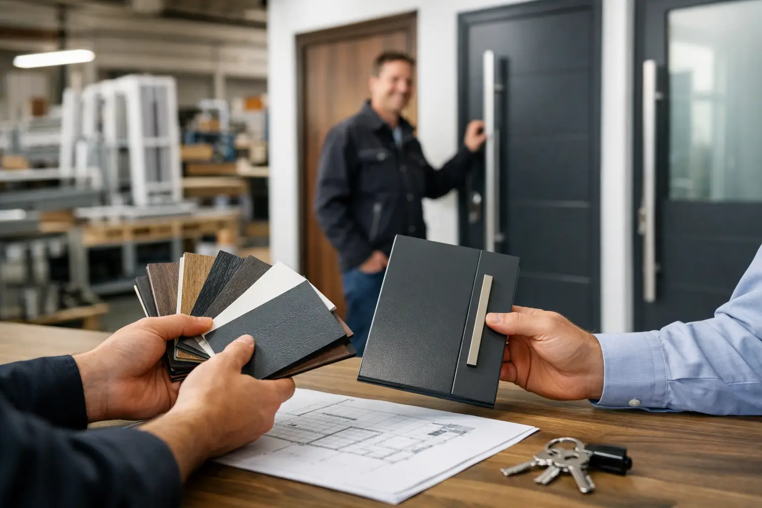 Beratung zur Haustür Auswahl mit Farben und Materialien